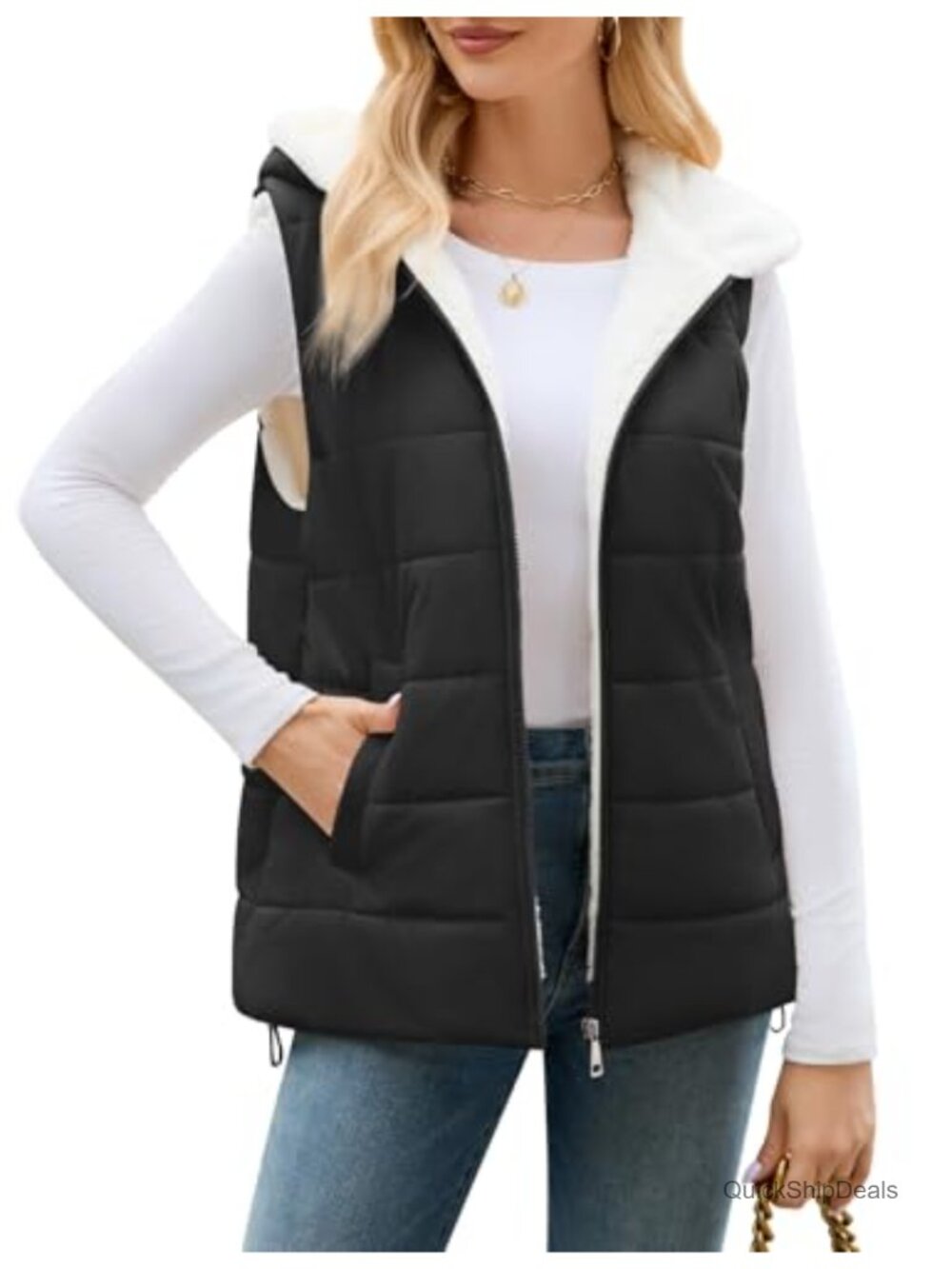 Reversible Sherpa Fleece Vest Sleeveless Winter Jacket for Women Zip Up Hooded